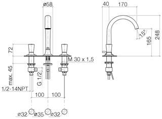 V&amp;B LaFleur 3-hulls servantbatteri Med svingbar tut, Krom