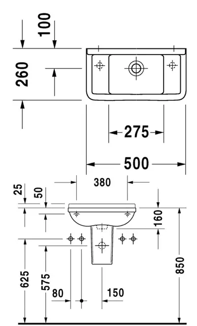 Duravit Starck 3 Vegghengt Servant 500x260 mm, Forboret hull høyre/venstre 
