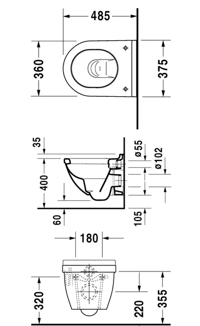 Duravit Starck 3 Compact Vegghengt toalett, 360x485 mm, skjult feste