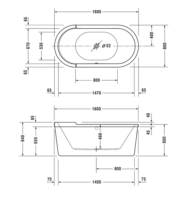 Duravit Starck Frittstående badekar 1600x800 mm, m/panel og bæreramme 