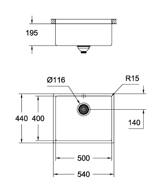 Grohe K700 Kjøkkenvask for underliming 540x440 mm, Rustfritt stål 