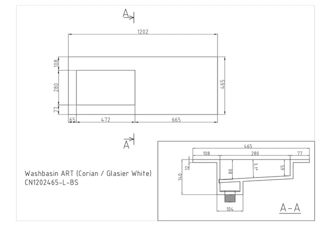 Korsbakken Corian Servant m/Flat Bunn 120x46.5 cm, Venstre, u/hull, Hvit Matt 