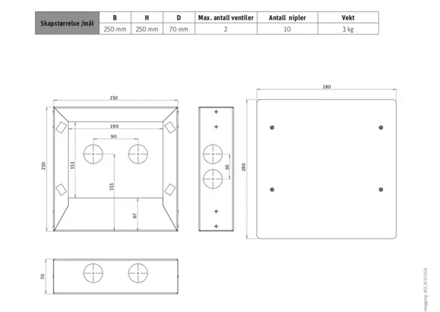 Roth VUK Box for innbyggning Til utekran, 250 x 250 x 70 mm 