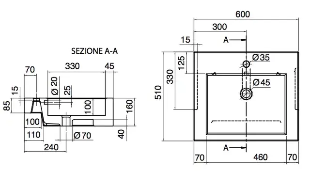 Scarabeo Square Servant for frembygging 600x510 mm, med blanderhull, Hvit 