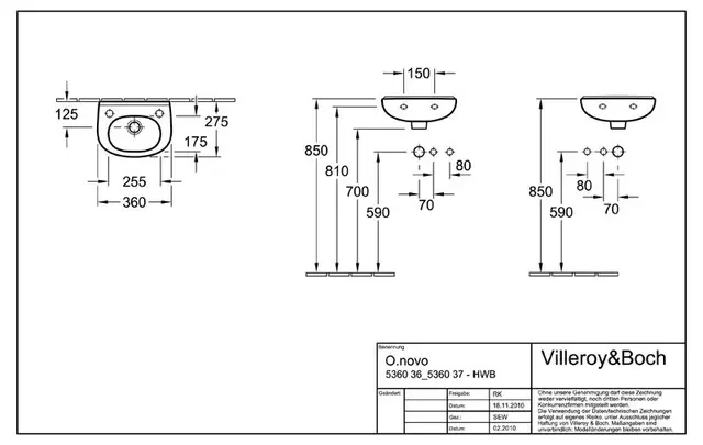 V&B O.novo Compact Vegghengt servant 360x270 mm, 1 bl.hull, m/o.l, Hvit m/C+ 