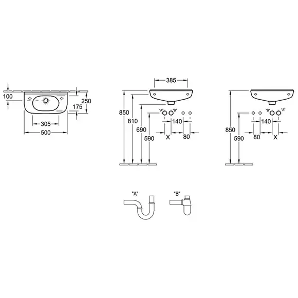 V&B O.novo Compact Vegghengt servant 500x250 mm, u/bl.hull, u/overløp, Hvit 