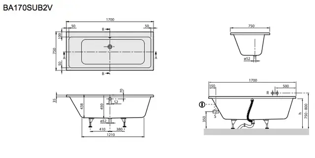 V&B Subway Badekar for innbygging 1700x750 mm, Med avløpssett og bensett 