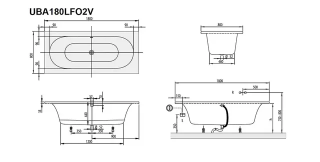V&B Loop & Friends Badekar f/innbygging Oval Duo, 1800x800 mm. 