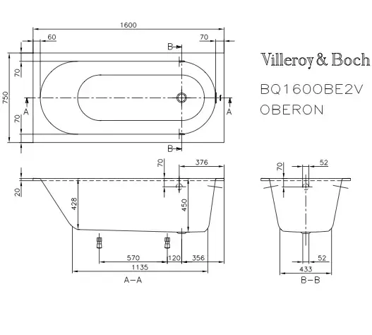 V&B Oberon badekar for innbygging 1600x750 mm. Produsert i Quaryl 