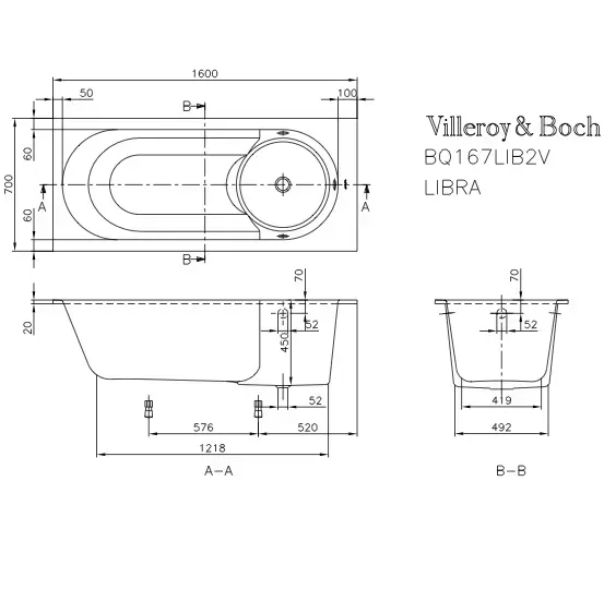 V&B Libra Dusjbadekar for innbygging 1600x700 mm. Produsert i Quaryl 
