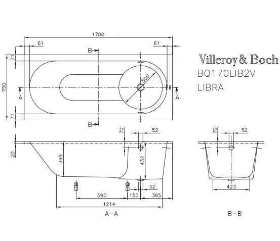 V&B Libra Dusjbadekar for innbygging 1700x750 mm. Produsert i Quaryl 