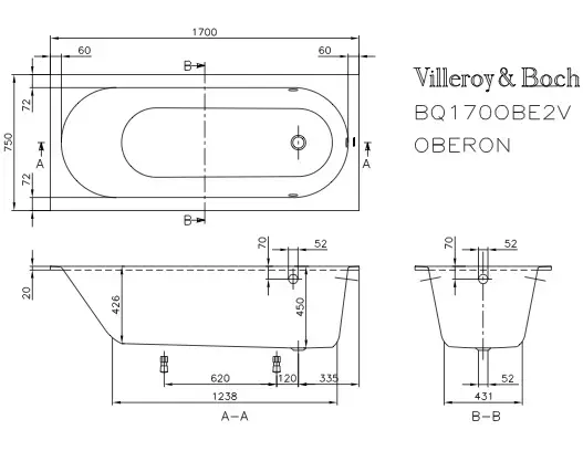 V&B Oberon badekar for innbygging 1700x750 mm. Produsert i Quaryl 
