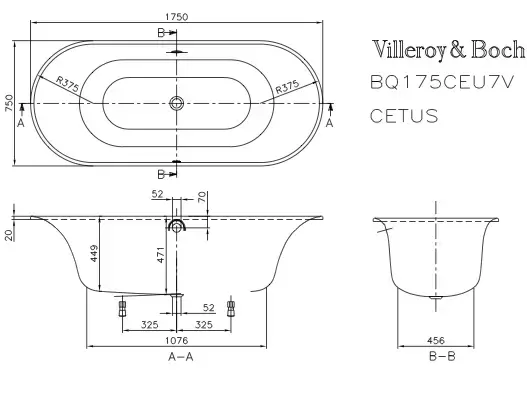 V&B Cetus Ovalt badekar for innbygging 1700x750 mm. Produsert i Quaryl 