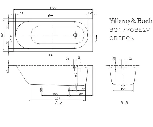 V&B Oberon badekar for innbygging 1700x700 mm. Produsert i Quaryl 