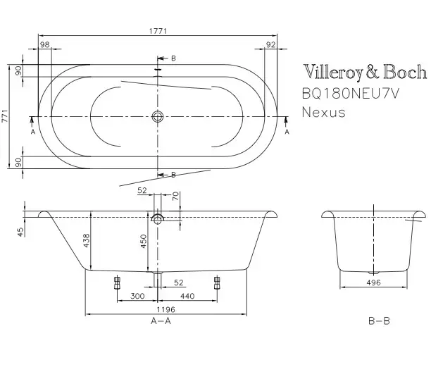 V&B Nexus Ovalt badekar for innbygging 1771x771 mm. Produsert i Quaryl 