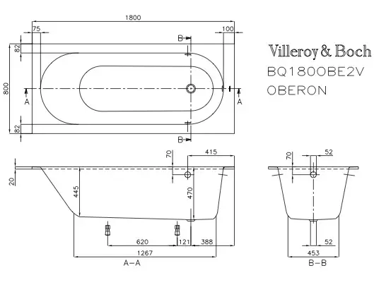 V&B Oberon badekar for innbygging 1800x800 mm. Produsert i Quaryl 