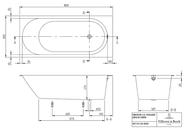 V&B Oberon badekar for innbygging 1800x800 mm. Hvit Matt, Quaryl 