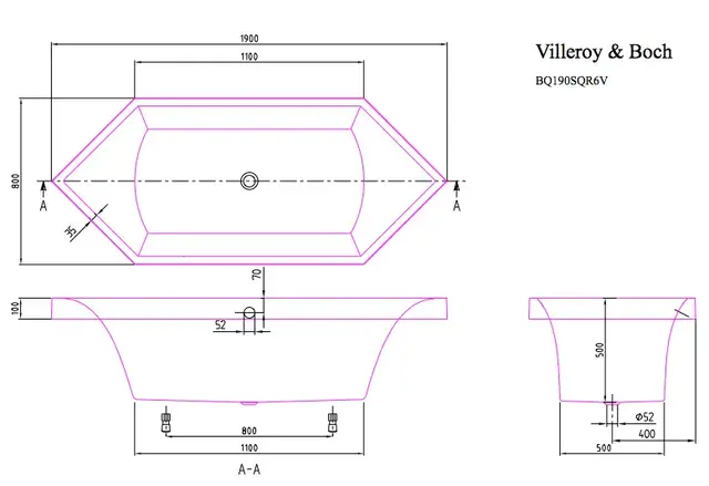 V&B Squaro 6-kantet Badekar f/innbygging 1900x800 mm, Produsert i Quaryl 