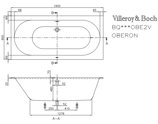 V&B Oberon badekar for innbygging 1900x900 mm. Produsert i Quaryl 