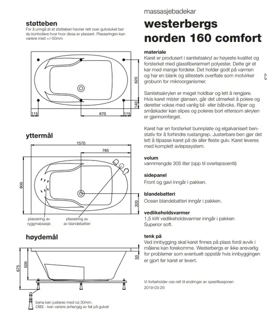 Westerbergs Norden 160 Comfort Badekar Hvit, 1570x900 mm, uten system, Komplett 